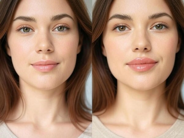 Before and after injection free lip filler and stain, plumper lips after treatment