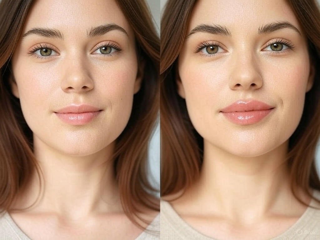 Before and after injection free lip filler and stain, plumper lips after treatment